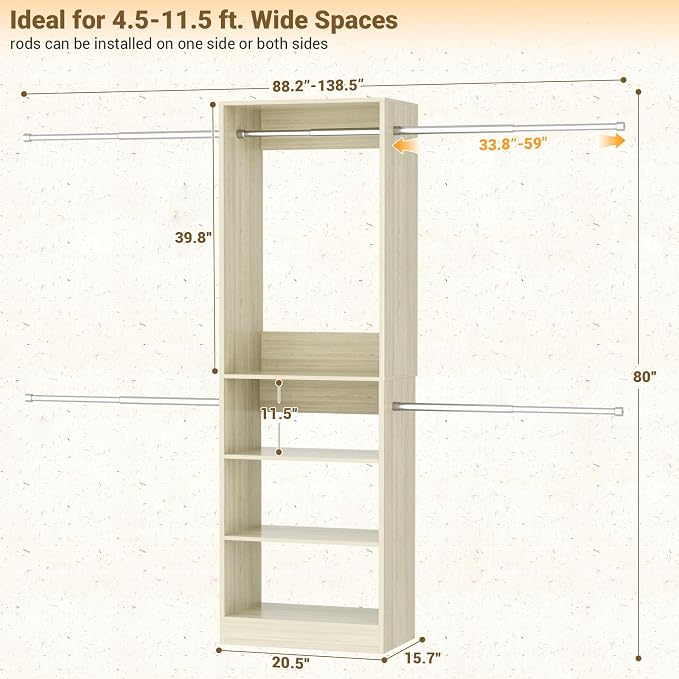 Homieasy Closet System, 4.5-11.5 Ft Expandable Closet Organizer with 5 Hanging Rods, Walk-in Wood Closet Organizer System with Storage Tower, Heavy Duty Garment Rack Wardrobe for Bedroom, Light Oak