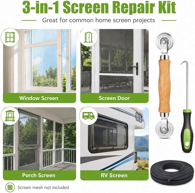 King&Charles Screen Repair Kit,Roller+0.14”x32ft Spline+Hook | 3in1-Bearing Steel Screen Roller Tool+Hook for Old Spline Removal+Hollow-Core Spline for Window Screens,Doors,Patio,RV Mesh
