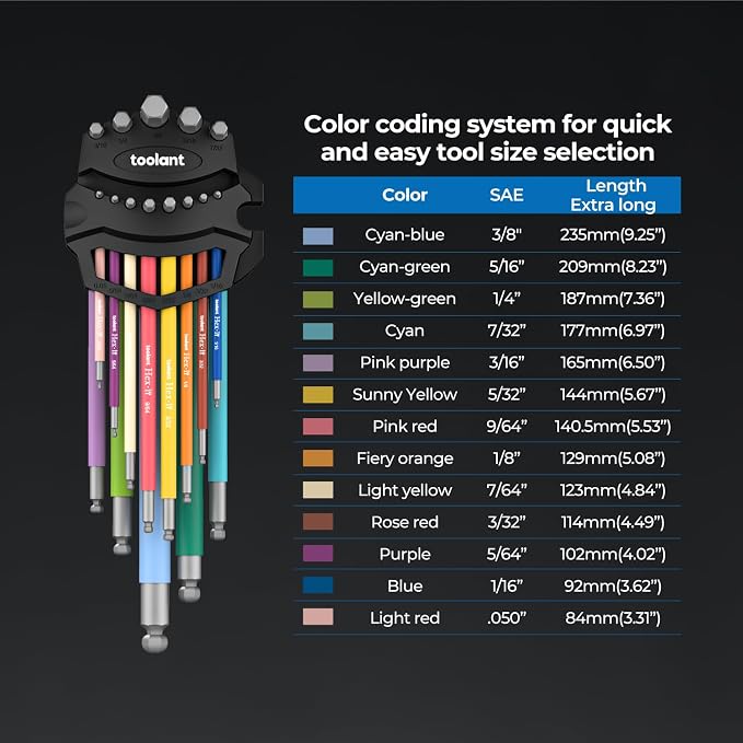 Sae Allen Wrenches Sets 13pcs, Extra Long Arm Allen Key Set with Ball End, Crafted Hex Key Set with Color Coded Sleeves, Unique Patented Holder Design for Magnetizing and Demagnetizing