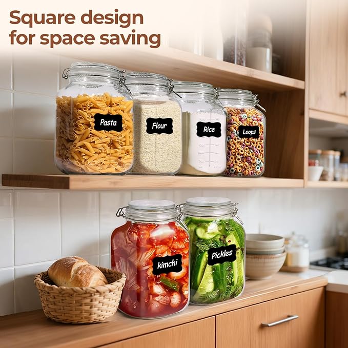 ComSaf Large Square Glass Jars with Airtight Lid 1 Gallon 2 Pack Wide Mouth | Flour sugar rice, Kombucha, Bulk pantry organization, Measurement marks, Pickling fermenting, Snacks, Sourdough pickling