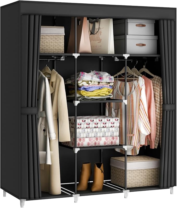51" Portable Wardrobe Closet, Clothes Organizer, 8 Shelves 2 Rods, Black