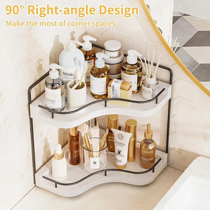 2-Tier Corner Bathroom Counter Organizer, Larger Size | Embedded Screw Holes, Sturdy & Stable, Oversized, Holds More, Vanity Shelf for Makeup & Skincare, White