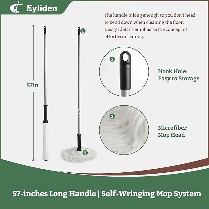 Eyliden Twist Mop - Simple, 57" Long Handle, Self-Wringing Microfiber String Mop for Floor Cleaning, Traps Dust & Pet Hair, Absorbs Spills Quickly, Safe for All Floor Types, JX-0001, White