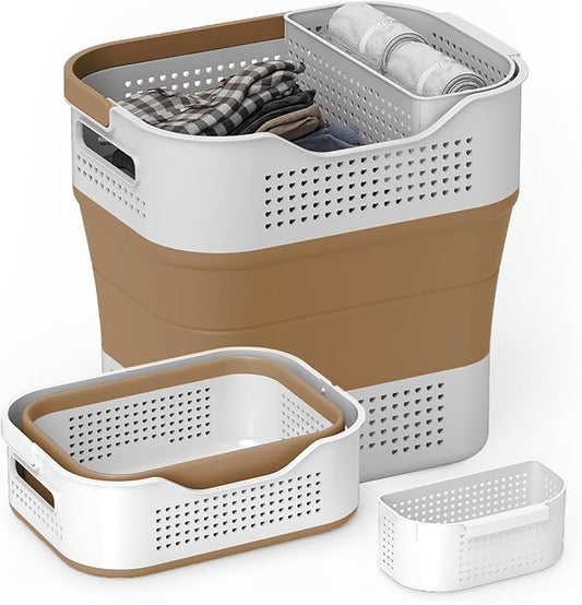 TECHMILLY Collapsible Plastic Laundry Basket Hamper with Handles, 35L Portable Rubber Clothes Basket, Pop Up Storage Container/Organizer with Hanging basket for Washing & Storage, Brown