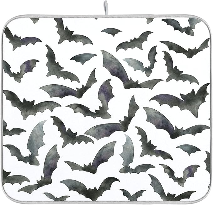 Happy Halloween White Dish Drying Mat for Kitchen Countertop 16x18 Spooky Black Bats Small Drying Mat Reusable Quick Dry Dish Sink Mats Easy Clean Decorative Essentials