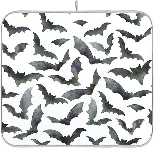 Happy Halloween White Dish Drying Mat for Kitchen Countertop 16x18 Spooky Black Bats Small Drying Mat Reusable Quick Dry Dish Sink Mats Easy Clean Decorative Essentials