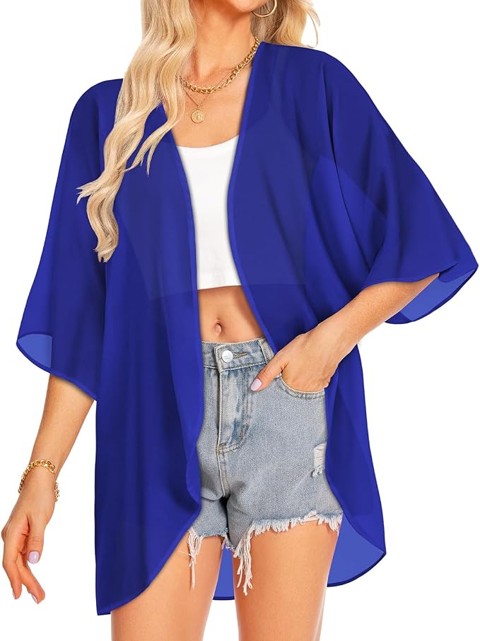 Women Kimono Cardigans Summer Cover Up Hawaiian Shirts Floral Print Tops | ROSEMIA chiffon kimono open front cardigans, beach cover ups, daily casual tops, cruise outfits, summer resort wear