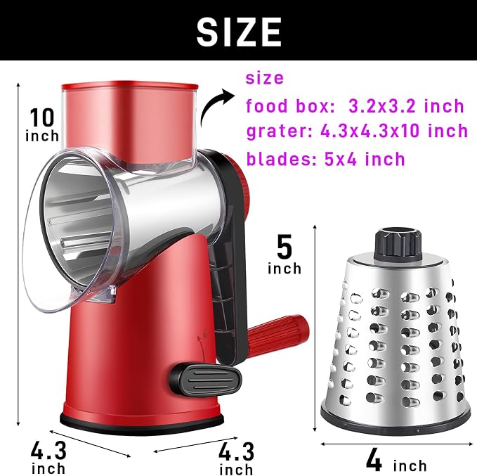 Weltonhm Rotary Cheese Graters with 4 Blades, Large Hand Crank Cheese Grater with Waffle Slicer, Red Cheese Shredder with Suction Base, Easier for Shredding & Grating (Red and black, 4 Graters)