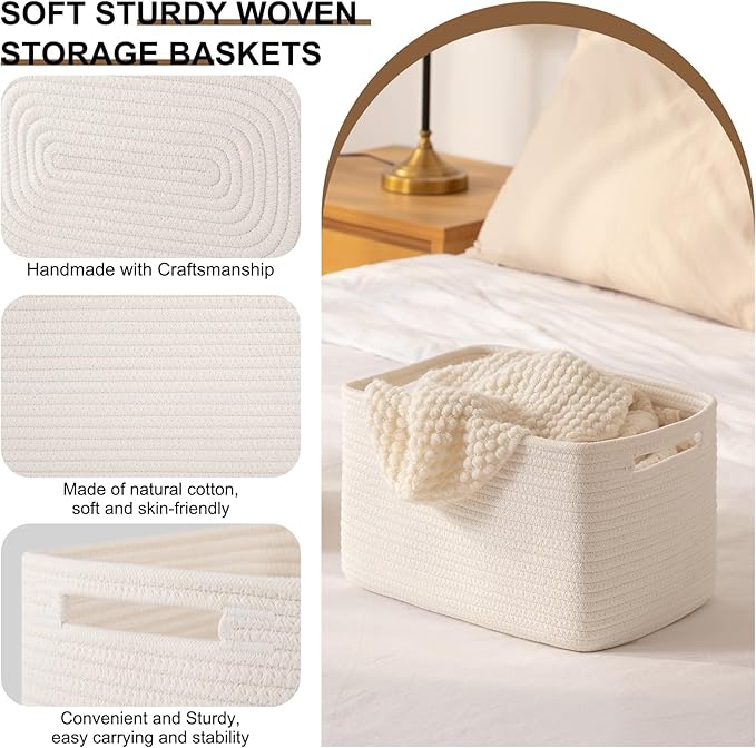 OIASKET Storage Baskets for Organizing, Woven Decorative Baskets for Shelves - Books, Towels, and Clothes, Cotton Rope Toy Storage Bins, 12.7''Lx9''Wx7.8''H, Pack of 4, White