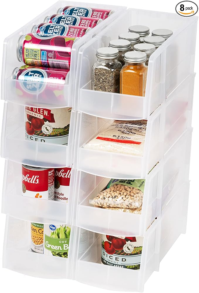 IRIS USA 8-Pack, Large Clear Stackable Storage Bins | Organize snacks, cans, coffee pods, craft supplies, and household essentials with clear visibility and easy access