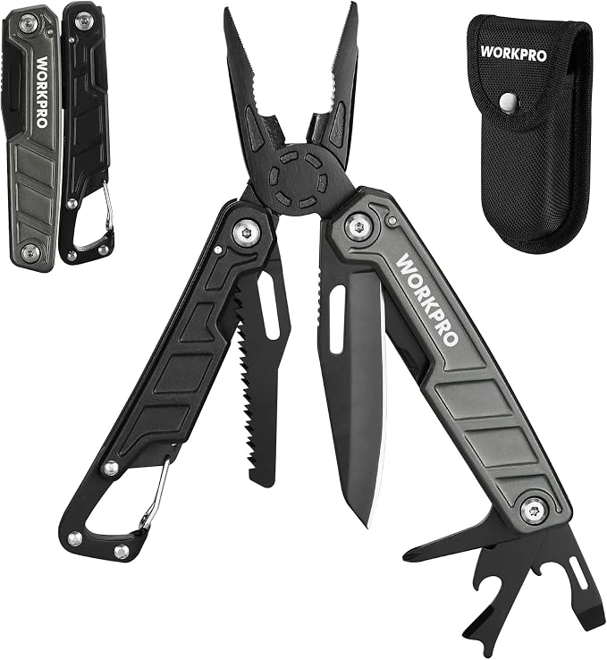 WORKPRO 11 in 1 Multitool Pliers with Pocket Clip and Sheath | EDC Multi Tool Knives with Safety Lock-Camping Tools Pocket Knife with Screwdriver Saw Blade Wire Cutter and Bottle Opener