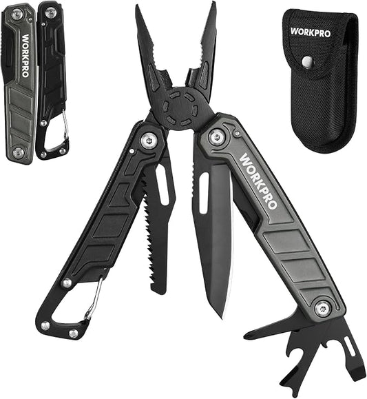 WORKPRO 11 in 1 Multitool Pliers with Pocket Clip and Sheath | EDC Multi Tool Knives with Safety Lock-Camping Tools Pocket Knife with Screwdriver Saw Blade Wire Cutter and Bottle Opener