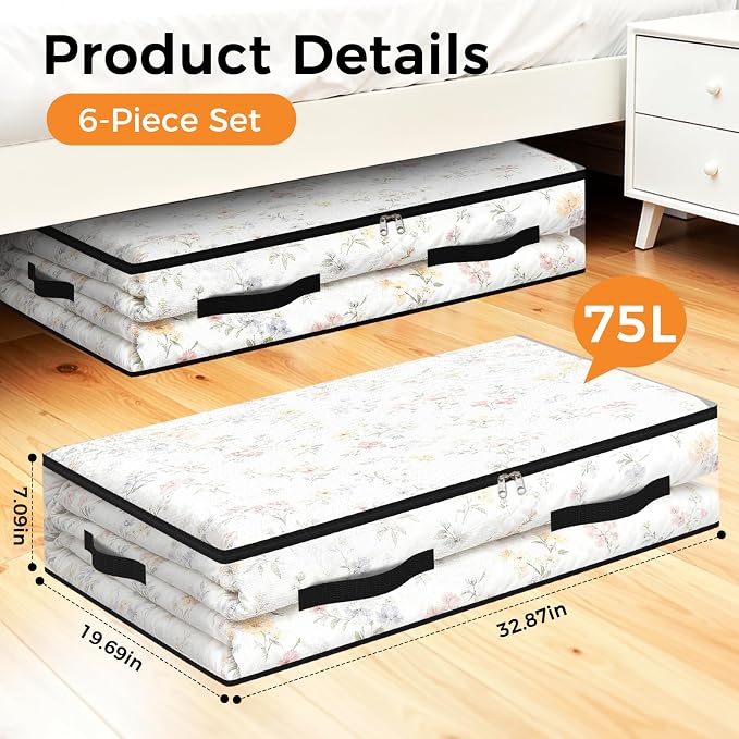 6 Pack Under Bed Storage Bags, 75L Foldable Clear Storage Containers with Handles, Dual Zippers for Comforter, Clothes, Bedding, Linen Sheets, Sweaters, Blanket Storage