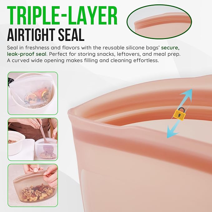 Reusable Silicone Food Storage Bag, 2-Cups, Large Container, Made in Korea BPA-Free Platinum Silicone, Triple-Airtight Freezer Bag, Microwave Safe, Sous Vide, Meal Prep, 17oz, Dry Rose | Reusable