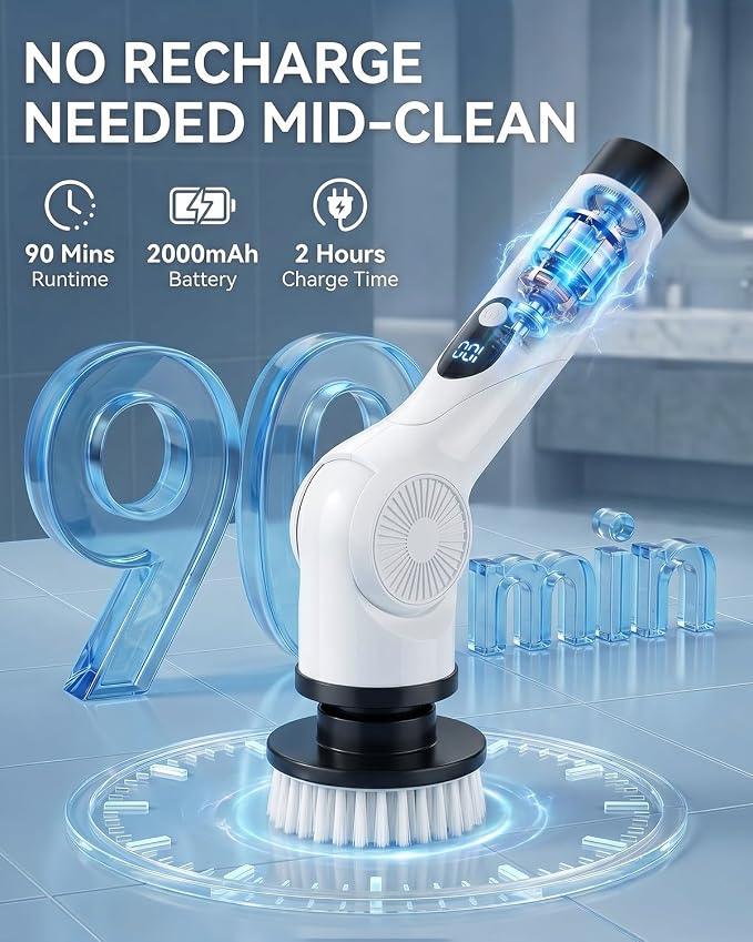 Electric Spin Scrubber, 3-Speed Shower Scrubber with Long Handle & 10 Replaceable Brush Heads, Cordless Full-Body IPX7 Waterproof Shower Cleaner Brush with 90 Mins Runtime for Bathroom