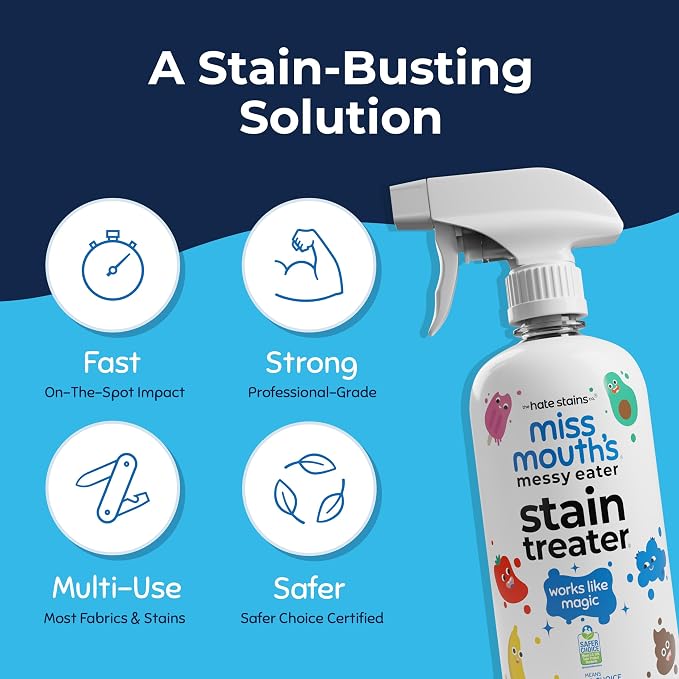 Miss Mouth’s Messy Eater Stain Treater Spray - Stain Remover - Newborn & Baby Essentials - 2-Pack of 16oz Stain Remover | Newborn & Baby Essentials; Cleans Off Food, Grease, Coffee; Use on Laundry, Underwear, Fabric