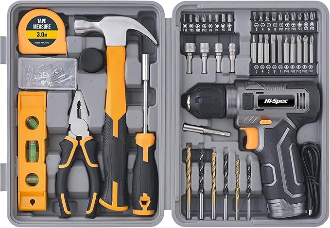 Hi-Spec 8V Cordless Drill Set & Household Tool Kit - USB Rechargeable, Gray | faster holes and screwdriving, bit accessories, portable carry storage, light-duty project control, home setup help, repairs