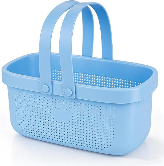 Portable Shower Caddy Basket with Handles Plastic Storage Basket Blue | Sturdy Drainage Large Capacity Tote Organizer Basket Bin with Silicone Handles for Bathroom Kitchen College Dorm Bedroom
