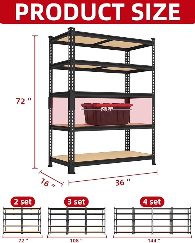 PrimeZone 36" x 16" x 72" Heavy Duty Storage Shelves - 5 Tier Adjustable Garage Storage Shelving, Metal Storage Utility Rack Shelf Unit for Warehouse Pantry Closet Kitchen, Black, 4 Pack
