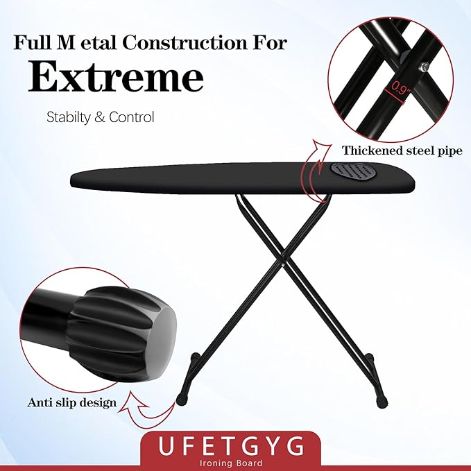 UFETGYG Ironing Board with Iron Rest,Extra Thick Cover,43x13 Compact and Space Saver Iron Board, Height Adjustable,Stable Structure, Easy to Fold, Black