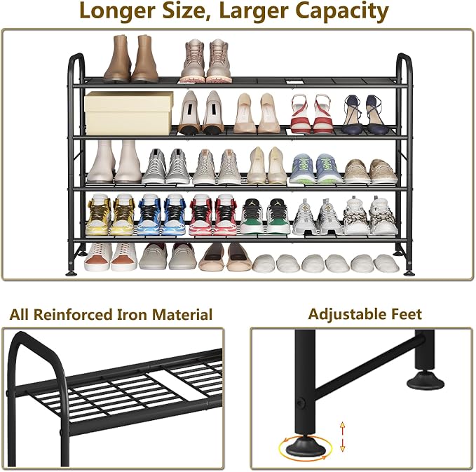 LINZINAR 4 Tier Long Shoe Rack for Closet Metal Shoe Organizer for Entryway | Spacious design stores 25+ pairs of shoes,durable metal frame,space-saving organizer for closet, hallway, and Entryway Black