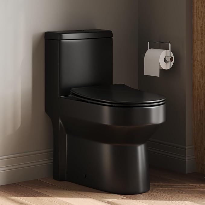 DeerValley Compact One Piece Toilet Standard Seat Height for Small Bathroom Dual Flush 1.1/1.6 GPF Powerful and Quiet 12'' Rough-In Skirted Toilet DV-1F52812B