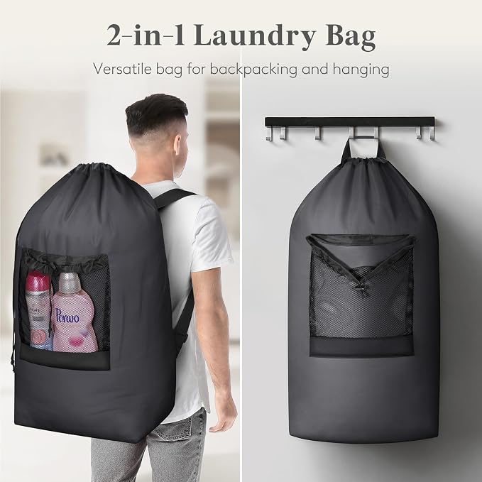 Lifewit Laundry Bag Backpack Travel, 90L, Gray | Extra Large Bag with Shoulder Straps and Mesh Pocket for Laundromat, Heavy Duty Basket for Dirty Cloth College Dorm Apartment