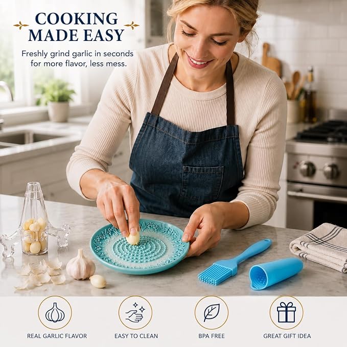 Ceramic Garlic Grater Plate Set with Rack & Cleaning Brushs(Teal)