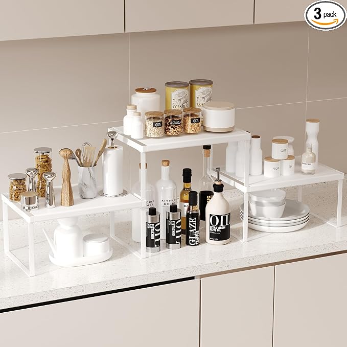 Magheo Cabinet Organizer Shelf Riser, Stackable Spice Rack for Countertop/Cabinet, Pantry Organizers and Storage, Heavy Duty Kitchen Counter Shelves for Seasonings,Bowls,Coffee Makers (3 Pack, White)