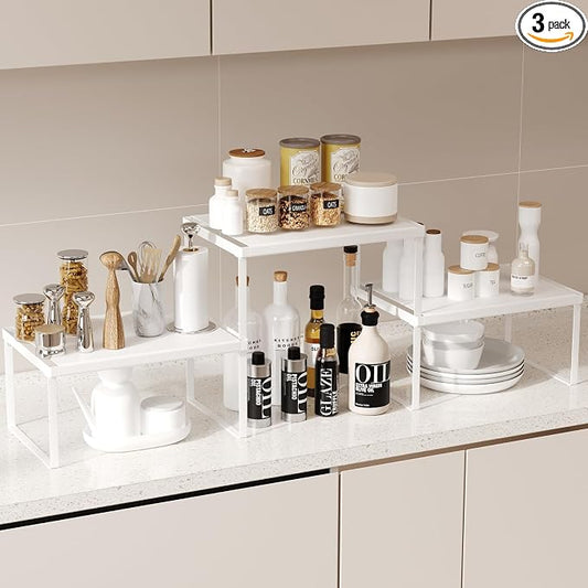 Magheo Cabinet Organizer Shelf Riser, Stackable Spice Rack for Countertop/Cabinet, Pantry Organizers and Storage, Heavy Duty Kitchen Counter Shelves for Seasonings,Bowls,Coffee Makers (3 Pack, White)