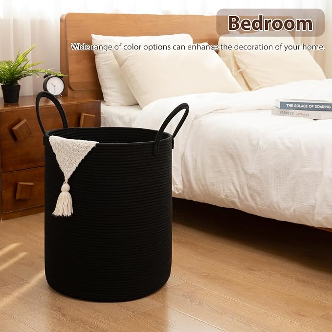 OIAHOMY Large Laundry Basket Hamper - 80L Cotton Rope Woven Basket for Blankets, Toys, Clothes - Tall Decorative Nursery Hamper with Long Handles, Black