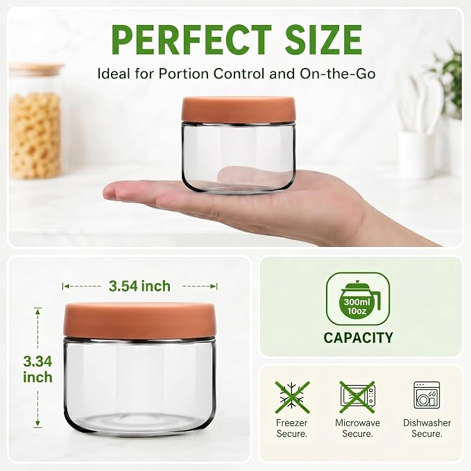 EONJOE 10 oz Small Glass Containers with Lids, Food Storage Jars, 6pk | Perfect for Chia Pudding Jam Snacks Yogurt Overnight Oats Candy ,Dishwasher safe,Airtight
