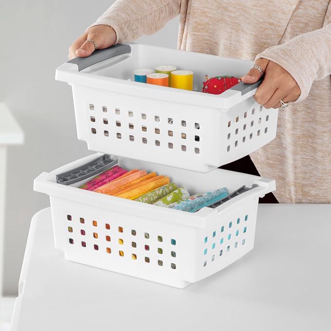 Sterilite 4 Pack Small Stacking Basket, Open Top Storage Bin with Handles, White - Ideal for Home Closets, Kitchens, or Office Organization