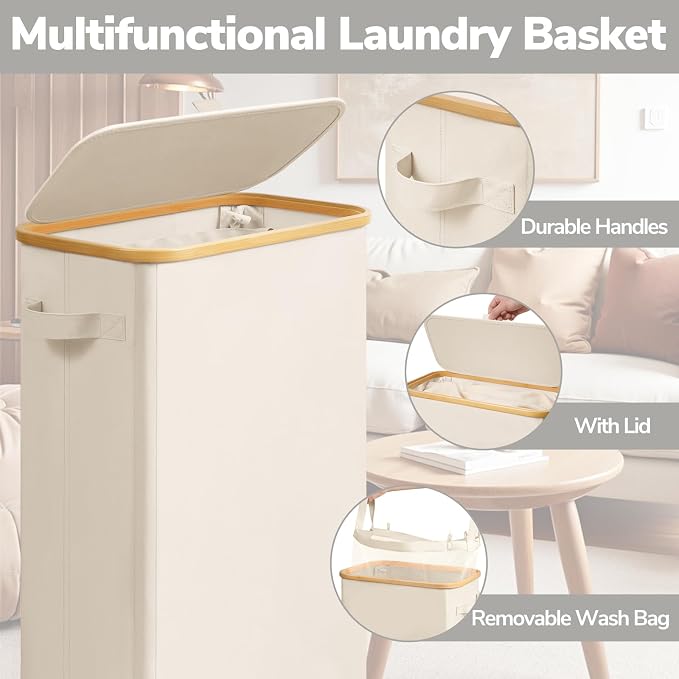 Goodpick 75L Slim Rolling Laundry Hamper with Lid, Beige | 17 × 9.8 × 29.5 in, Removable Laundry Bag, Handles, Dorm, Bathroom & Bedroom Organization, Dirty Clothes Storage