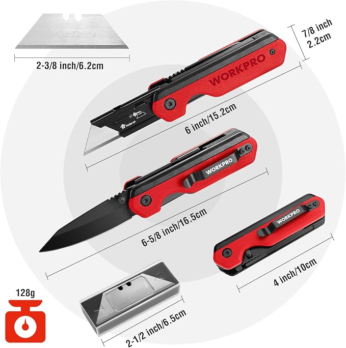 WORKPRO 2-in-1 Folding Knife/Utility Knife, Wood Handle, Red G10 Handle | Quick-Change Box Cutter, Liner Lock, Belt Clip, 10 SK5 Blades, Carton Cutting, Camping, Hiking, DIY Projects