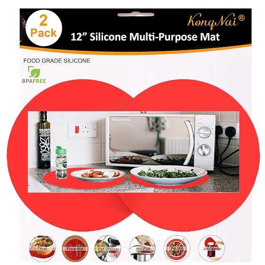 Silicone Microwave Mat 12 Inch, Non Stick Turntable Safe Baking Mat for Kitchen, Multi-Purpose Heat Resistant Oven Mat 2 Pack, BPA Free Microwave Splatter Cover (Red)