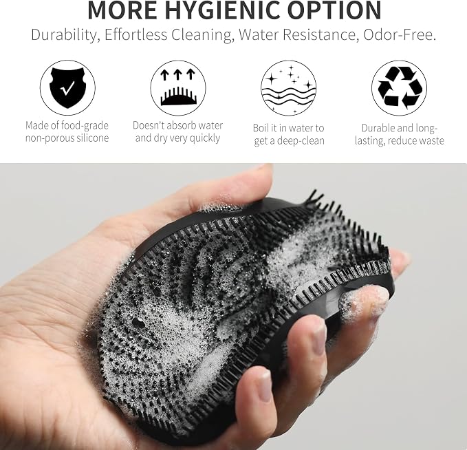 Silicone Body Scrubber, BEAUTAIL Gentle Exfoliating Brush for All Skin Type | Lather Well Shower Scrubber for Body, Bathroom Essentials for Women, Men & Kids, More Hygienic than Loofah. 1-Pack, Black