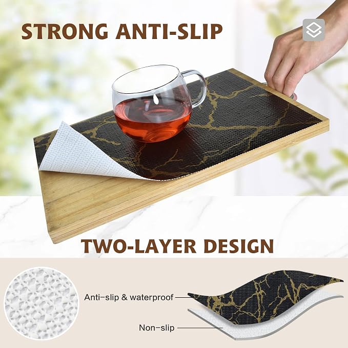2-Layer Drawer and Shelf Liner for Kitchen Cabinet: 12in X 20Ft Non Slip | Waterproof Shelf Paper Non Adhesive Refrigerator Liners Black/Gold Marble Easy Liners for Bathroom with Knife Tape Measure
