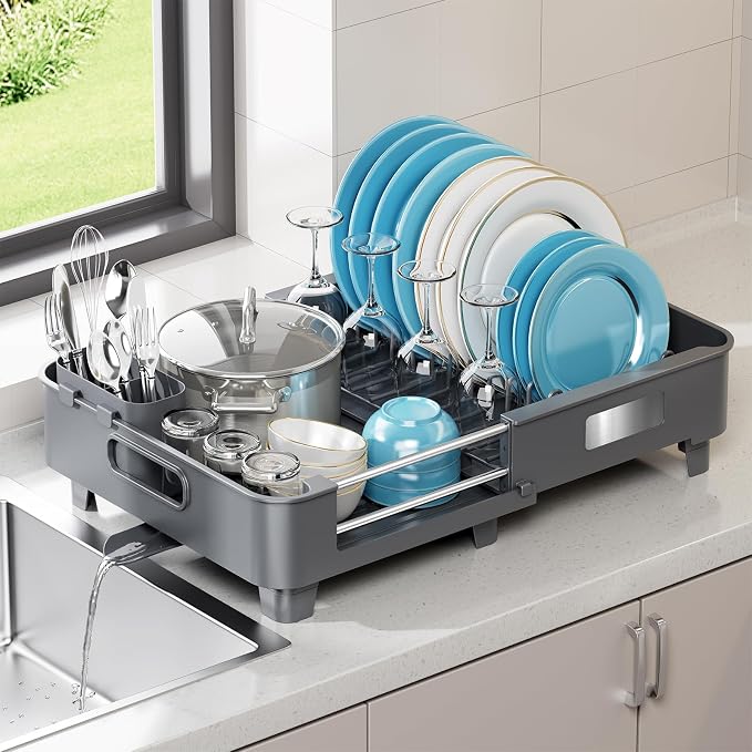 TOOLF Expandable Dish Drying Rack for Kitchen Counter, Gray | Extendable 12.8in to 20.35in,Stainless Steel & PP,One-Minute Quick Assembly,Cutlery Holder,Portable Carry Handle,Space-Saving