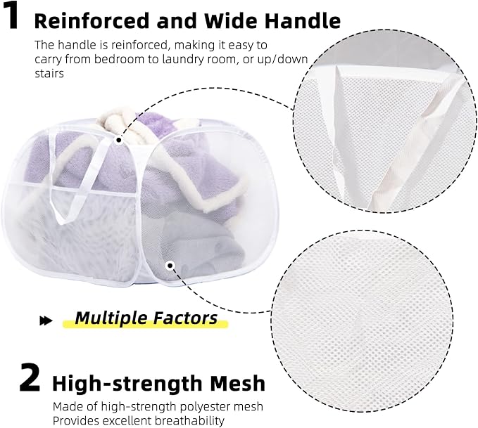 Collapsible Laundry Basket, 90L Mesh Pop-up Hamper with Handles | Foldable Storage Clothes Bag for Laundry, Bathroom, Dorm, Travel, Camping, Space-saving, White