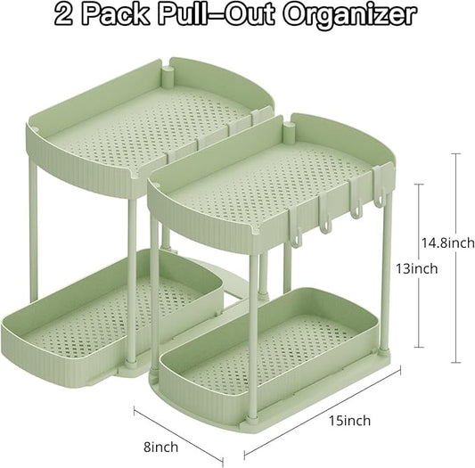Ukeetap 2 Pack Multi-Purpose Pull-Out Storage Organizers, Under Sink Organizers and Storage for Bathroom & Kitchen, Under Cabinet Organizers and storage, 14.8 Inch, Green