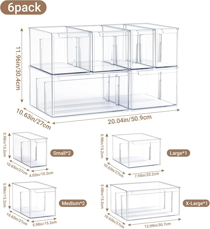 Clear Plastic Storage Bins with Dividers for Fridge Pantry Organizers and Storage Containers, 6 Pack Acrylic Stackable Sturdy Storage Boxes for Home Edit and Cabinet Organizers 6" High, C6-3