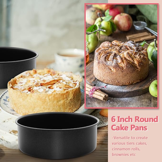 E-far 6 Inch Cake Pan Set of 3, Nonstick Stainless Steel Small Round Cake Pans Tin for Baking Layer Cakes, Stainless Steel Core & Non-toxic Coating, Straight Side & 2 Inch Deep
