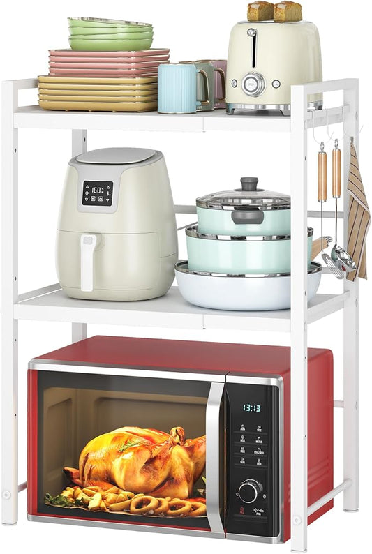 DOLALIKE Expandable Microwave Stand Kitchen Countertop Organizer, White | Adjustable Microwave Oven Rack Metal Storage Shelf with 3 Hooks for Pans Small Appliances Kitchen Utensils Tableware, 3-Ter