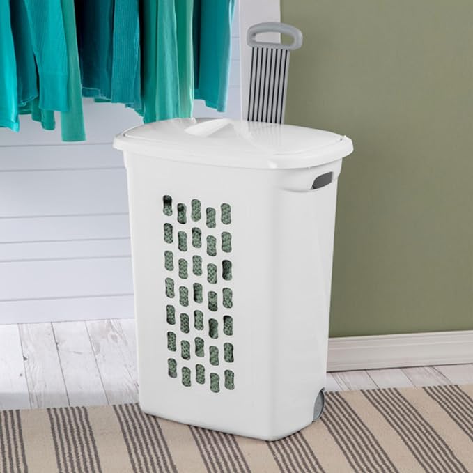 Sterilite Ultra Wheeled Hamper, Laundry Basket w/Flip-Top Lid, 6-Pack | Plastic Rolling Clothes Storage Cart with Retractable Handle & Ventilated Holes for Home, Apartment or Dorm