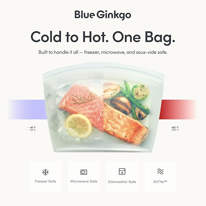 Blue Ginkgo Reusable Silicone Storage Bags – 4-Pack | Korean-Made Stand Up Food, Freezer Bags - Peach