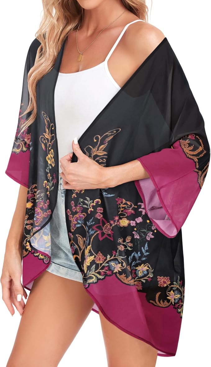Women Kimono Cardigans Summer Cover Up Hawaiian Shirts Floral Print Tops | ROSEMIA chiffon kimono open front cardigans, beach cover ups, daily casual tops, cruise outfits, summer resort wear