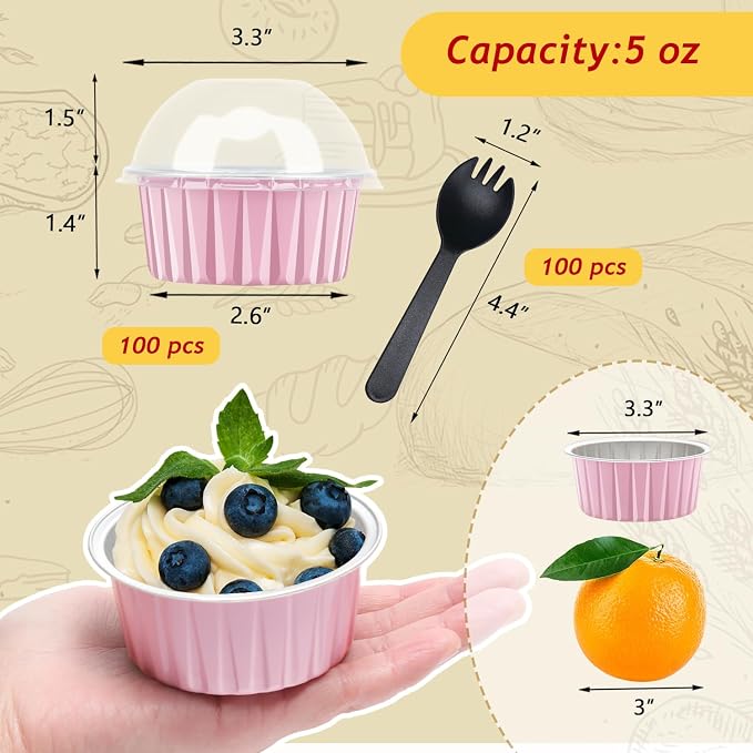 5oz Cupcake Pans with Dome Lids 100 Pack,LNYZQUS Aluminum Foil Small Cake Baking Tin,Disposable Ramekins Cupcake Baking Cups Containers,Mini Pie Pans Muffin Tins Jumbo Cupcake Liners-Pink
