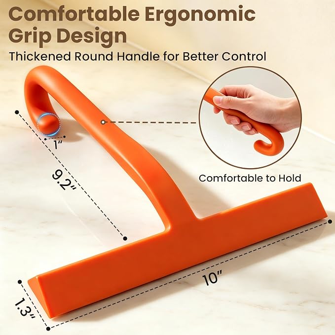 Shower Squeegee for Glass Doors - 10 Inch Bathroom Squeegee with Ergonomic Round Grip, Built-in Hook, Streak-Free No-Squeak Silicone Blade for Shower Glass, Tile Walls, Mirrors & Windows, Orange