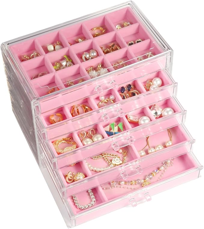 GUOER Earring Organizer, Acrylic Jewelry Box with 5 Drawers for Women, Pink | Clear Earring Holder Organizer Box, Stud Earring Ring Display Storage Case Large, Adjustable Velvet Trays Girls Gifts